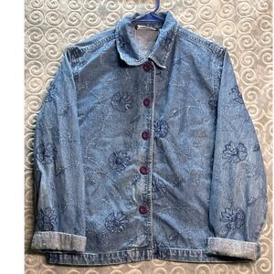 New Direction Denim Jacket Medium Embroidered Floral‎ Button Down